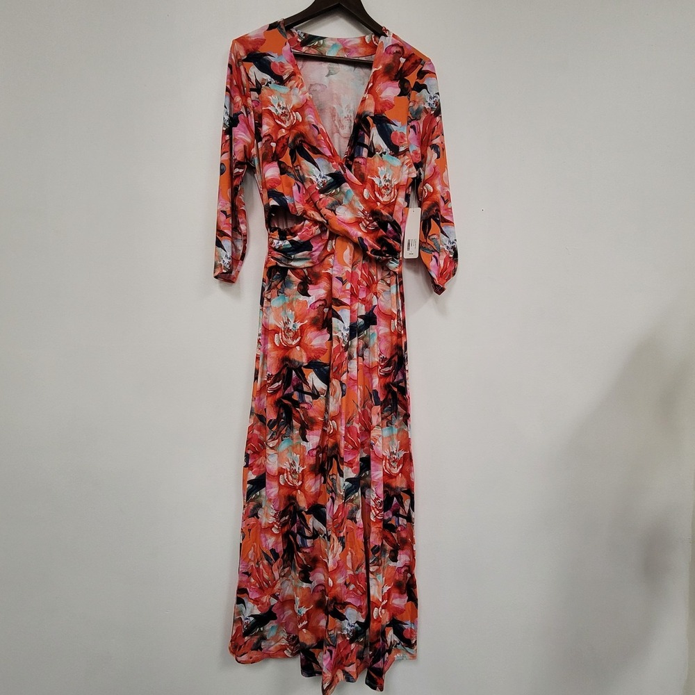 Soft Surroundings Le Jardin Wrap Dress‎ Size L Maxi Jersey Stretch Ruched V Neck